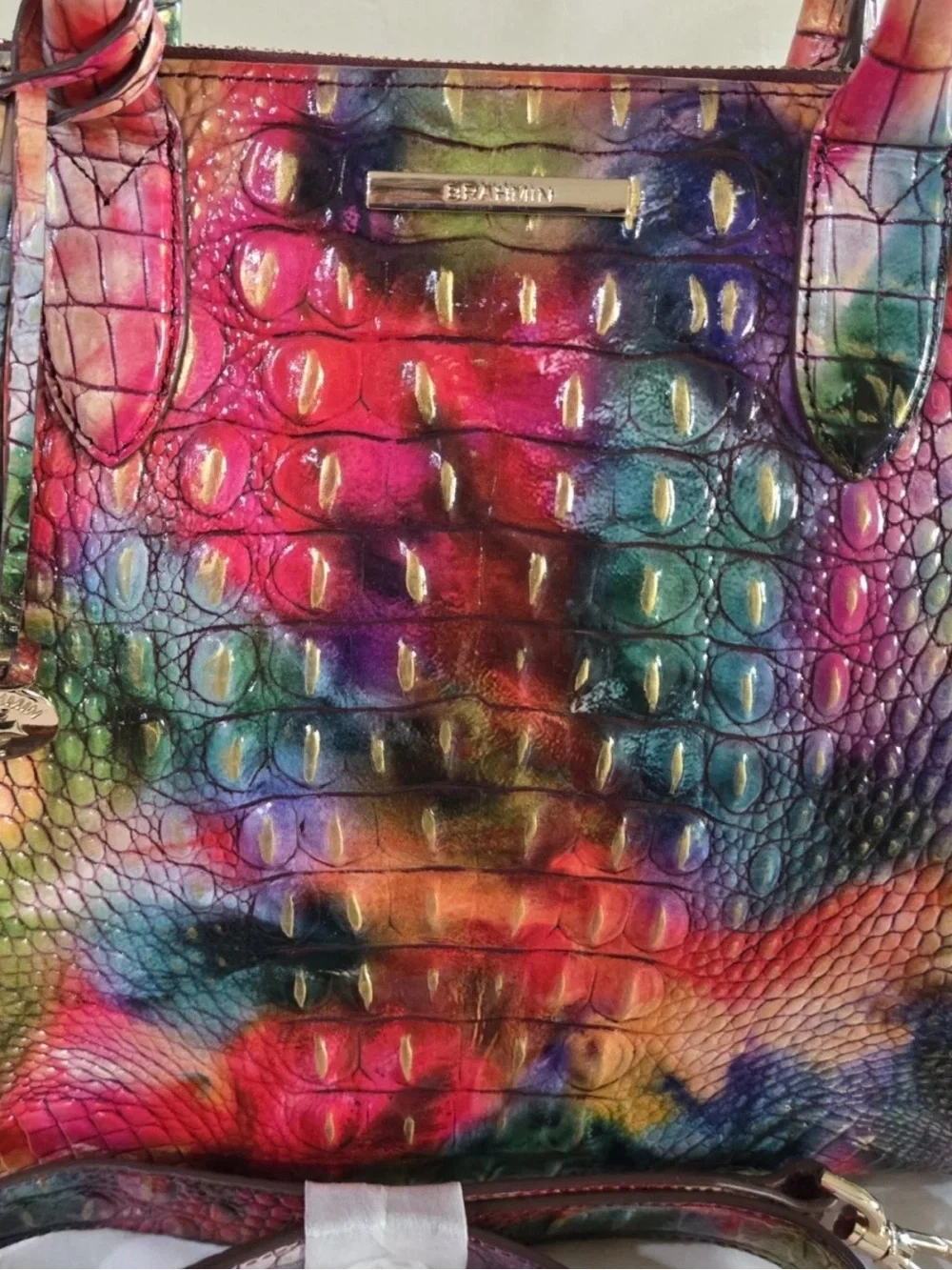 Brahmin Rainbow Croc-Embossed Satchel in Multicolor Fallstruck pattern.